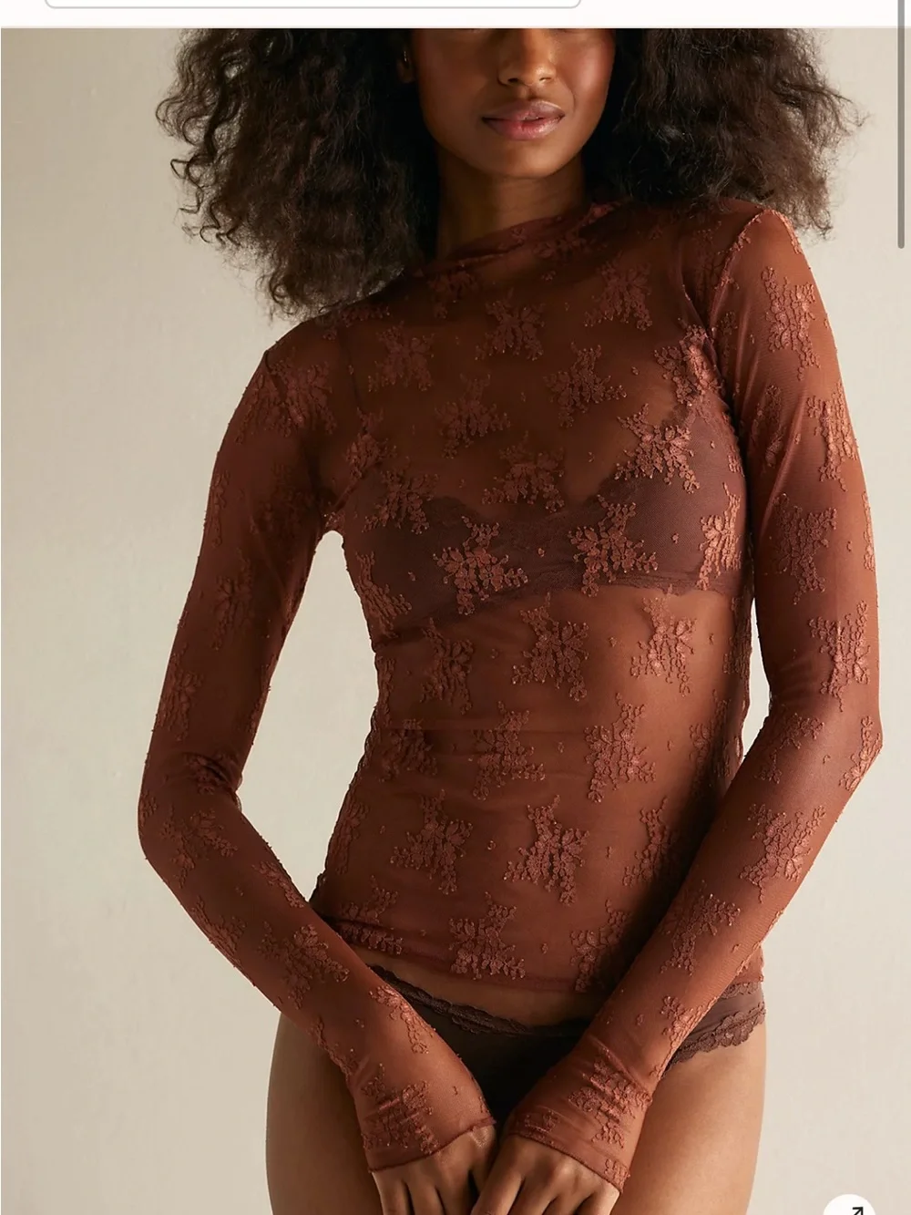 Free People Lady Lux Layering Top Lace Long Sleeve Top Brown size Small